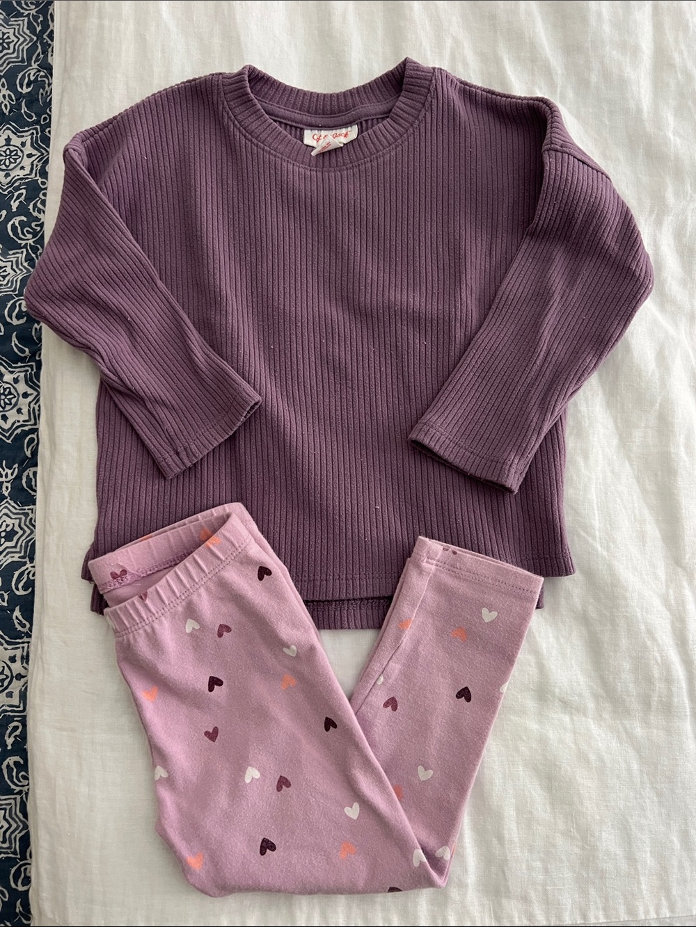 Girls Purple Ribbed Long Sleeve Top and Heart Leggings Set